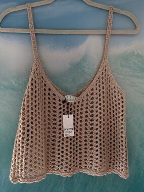 HYFVE Crochet Open-Knit Crop Tank Top in Taupe Beige